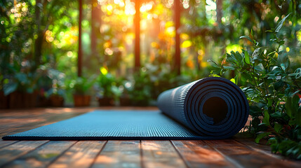 Rolled-up yoga mat on a wooden surface outdoors, with a blurred background of lush green forest and sunlight.