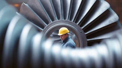 A man in a yellow helmet is looking into a large black object