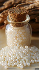 Small glass jar with white beads and cork stopper on a wooden background.