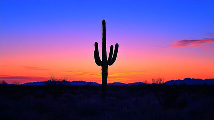 Silhouette of a saguaro cactus against a sunset in the desert.