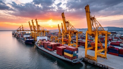 Fototapeta premium Vibrant Sunset Over Busy Shipping Port with Cargo Containers