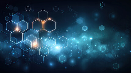 Futuristic Blue Hexagonal Molecular Grid with Glowing Nodes and Depth