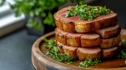 Three slices of roasted meat stacked on a wooden board, garnished with herbs.