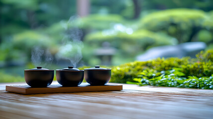 Three small dark-colored teacups on a wooden surface near a window with a blurred garden view.