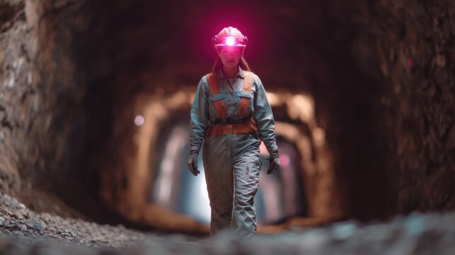 A woman in a hard hat and safety vest walks through a tunnel