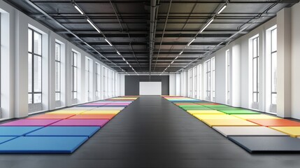 Bright and Spacious Indoor Gymnastics Studio with Colorful Mats