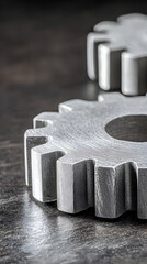 Two grey metal gears on a dark grey surface.