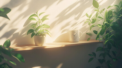 Two potted plants on a wooden shelf in sunlight.