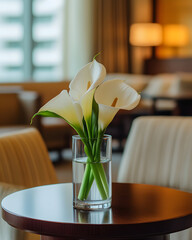 White calla lilies in a glass vase on a dark brown table
