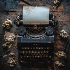 Vintage typewriter with blank paper on a rustic wooden table.