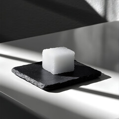White cube on black slate square on white surface