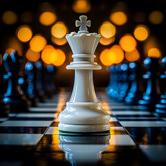 White chess queen on a chessboard with blurred background of orange lights and other chess pieces.