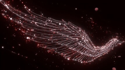 A symbolic demon wing shape outlined in stars and neon lines, floating in a void of space, high-contrast tones, glowing white and deep crimson on a black galactic background 