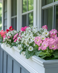 Window box with pink, white, and red flowers on a gray house.