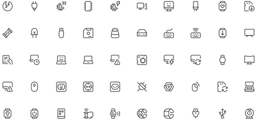 Computer and Electronics Icon Set. Editable Stroke. 60 Minimal Line Icons. CPU, Laptop, USB, Router, Smartwatch, Plug, Chipset, Web Camera, Mouse, Battery And Many More Vector Icons