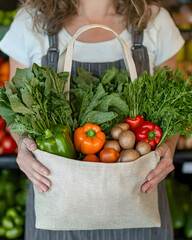 Woman holding a reusable shopping bag filled with fresh vegetables at a grocery store.