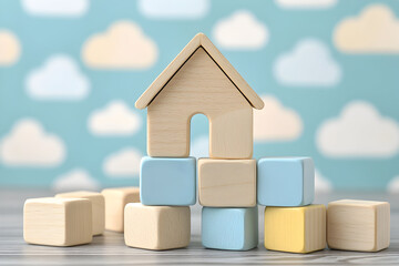Wooden model house on pastel-colored blocks against a teal and white cloud background.