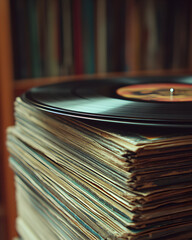 A black vinyl record on a stack of vinyl records near a bookshelf.