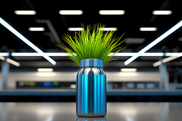 A blue metallic vase with green grass inside sits on a dark surface in a modern building.