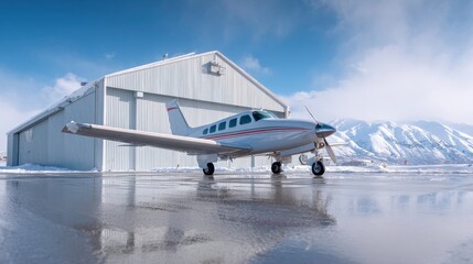 A small white plane is parked on the tarmac in front of a hangar