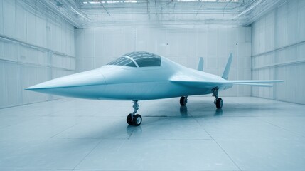 A blue and white jet is sitting in a hangar