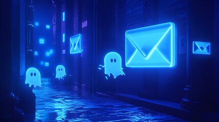Neon lit spooky ghost mail envelopes floating through a mysterious blue lit corridor