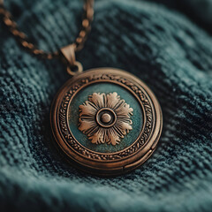 A bronze and teal locket necklace resting on teal fabric.