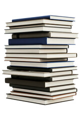 Tall stack of blue and black hardcover books for learning isolated on a transparent background