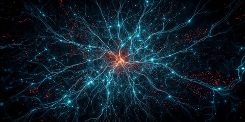 Fototapeta premium Abstract representation of neural network with glowing connections and dark background
