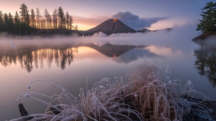 Mount bromo reflects in a tranquil lake at sunrise in indonesia