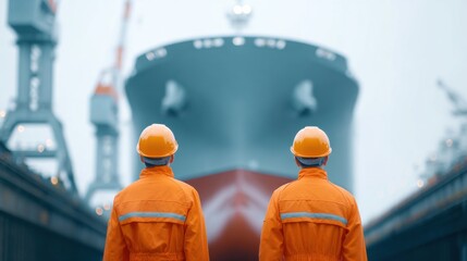 Two men in orange safety gear stand in front of a large ship