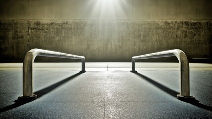 Metal Parallel Bars in Empty Gym with Dramatic Lighting Effects