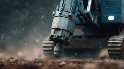 A blue construction vehicle with a large, dirty drill bit