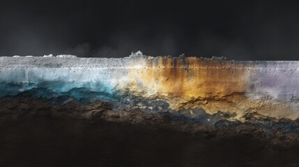 A painting of a rocky shoreline with a dark sky in the background