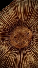 A close up view of the underside of a mushroom cap showing the gills radiating from the center