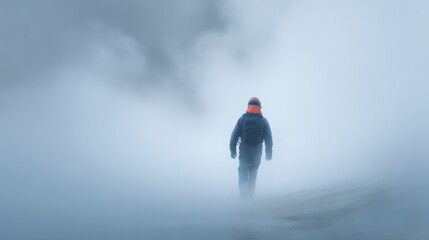 A man is walking through a foggy, misty forest