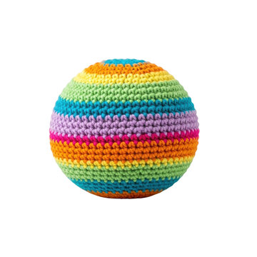 Handmade crochet hacky sack ball, colorful striped knitted juggling toy, rainbow yarn texture footbag for outdoor games and recreation isolated PNG with Transparent Background