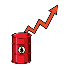 Red Oil barrel with red upward arrow on indicating rising prices and increased financial value. Concept of economic growth in energy sector.