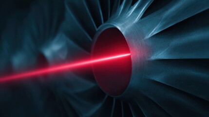 A red laser beam is shooting out of a blue object