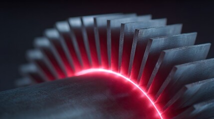 A close up of a red glowing gear with black and white stripes