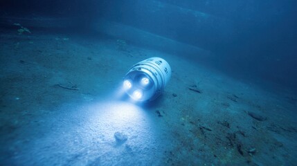 A white submarine with three lights on the front is on the ocean floor