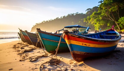 Obraz premium Colorful fishing boats lined on a serene tropical beach at sunset