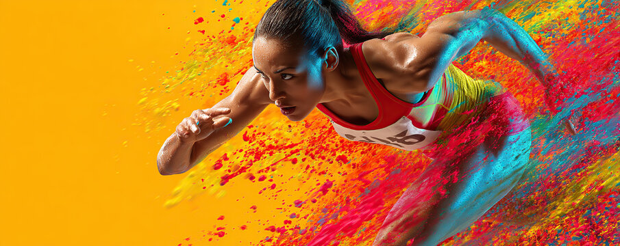 Athlete sprinting with vibrant splash of colors in an energetic setting
