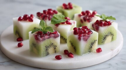 Refreshing Kiwi Pomegranate Dessert Cubes on Marble Plate