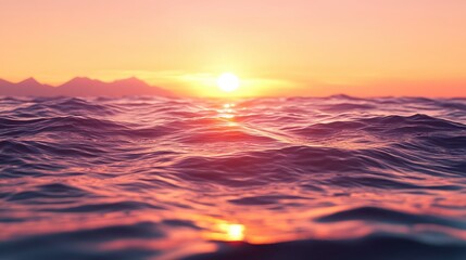 Fototapeta premium Serene Sunset Over Calm Ocean Waves with Mountains in Background