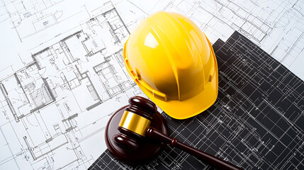 Construction Law: A yellow hard hat and gavel resting on architectural blueprints, symbolizing building regulations and legal aspects in construction projects.
