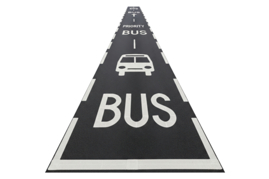 Dedicated bus priority lane with painted text and symbol on the road isolated on a transparent background