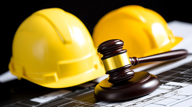 Construction law: A gavel rests atop architectural blueprints, symbolizing legal aspects of building and development, with hard hats in the backdrop.