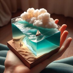 "Palm Baydream: A Sailboat Set Adrift in a Cloud-Kissed Miniature"
