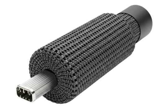 Modern data cable connector with black braided protective sleeve isolated on a transparent background